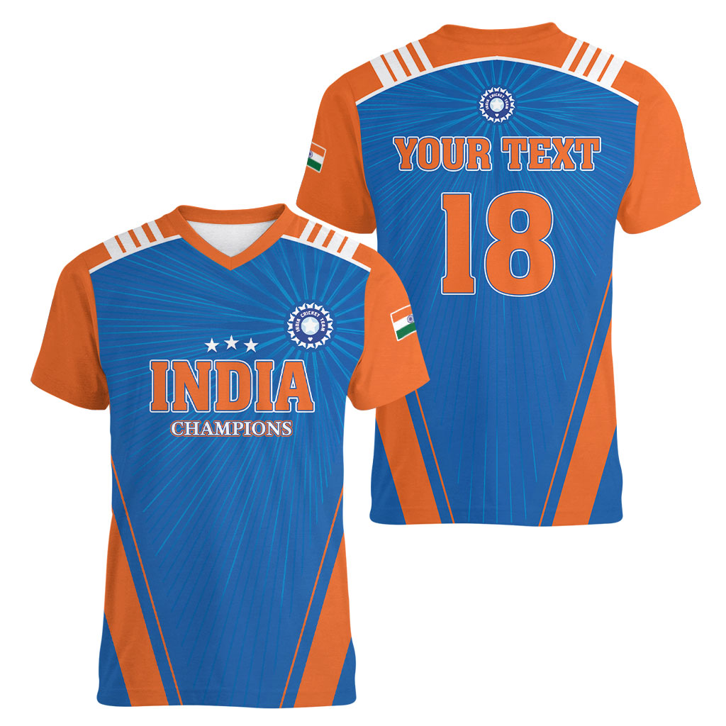 Custom India 2026 World Cricket Women V-Neck T-Shirt Women in Blue Go Champions