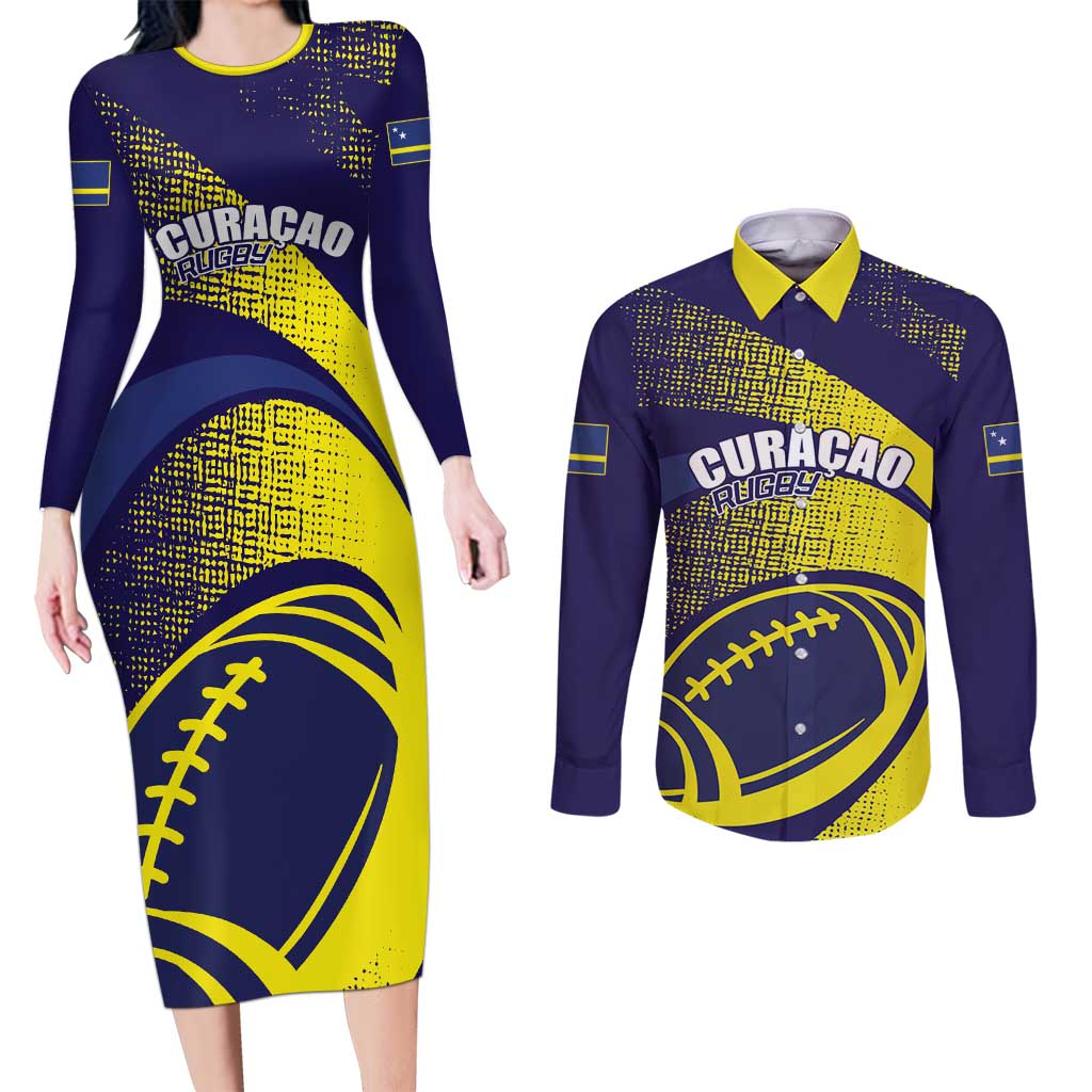 Custom Rugby Curacao Couples Matching Long Sleeve Bodycon Dress and Long Sleeve Button Shirt Korsou Go Champion - Wonder Print Shop