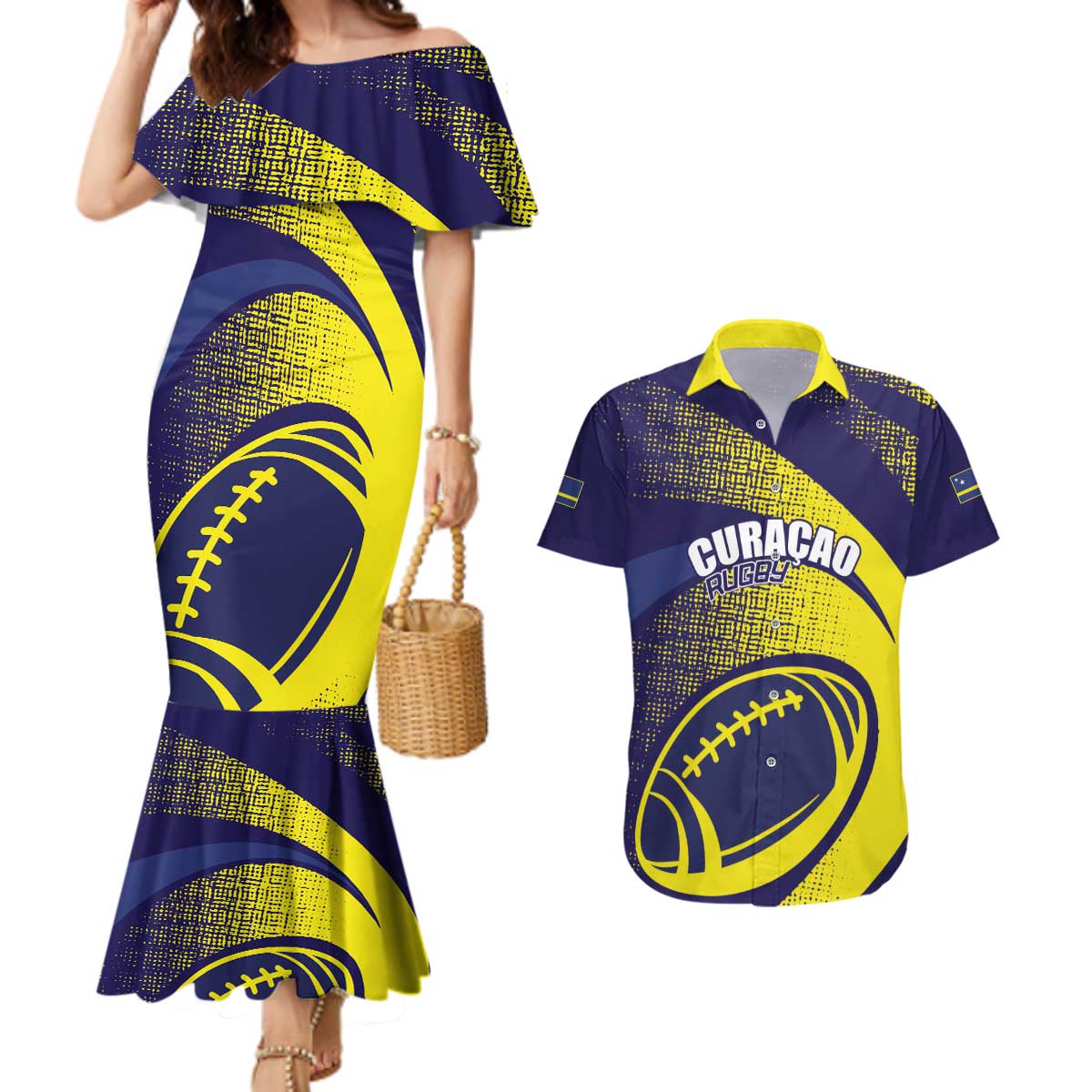 Custom Rugby Curacao Couples Matching Mermaid Dress and Hawaiian Shirt Korsou Go Champion - Wonder Print Shop
