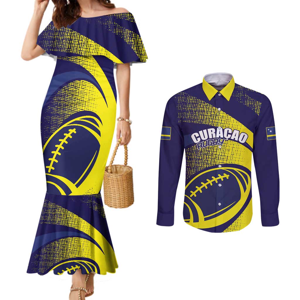 Custom Rugby Curacao Couples Matching Mermaid Dress and Long Sleeve Button Shirt Korsou Go Champion - Wonder Print Shop