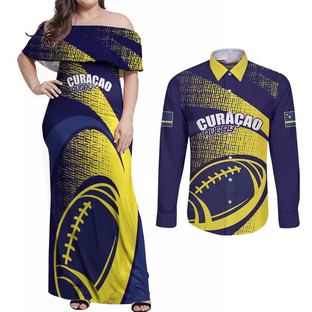 Custom Rugby Curacao Couples Matching Off Shoulder Maxi Dress and Long Sleeve Button Shirt Korsou Go Champion - Wonder Print Shop