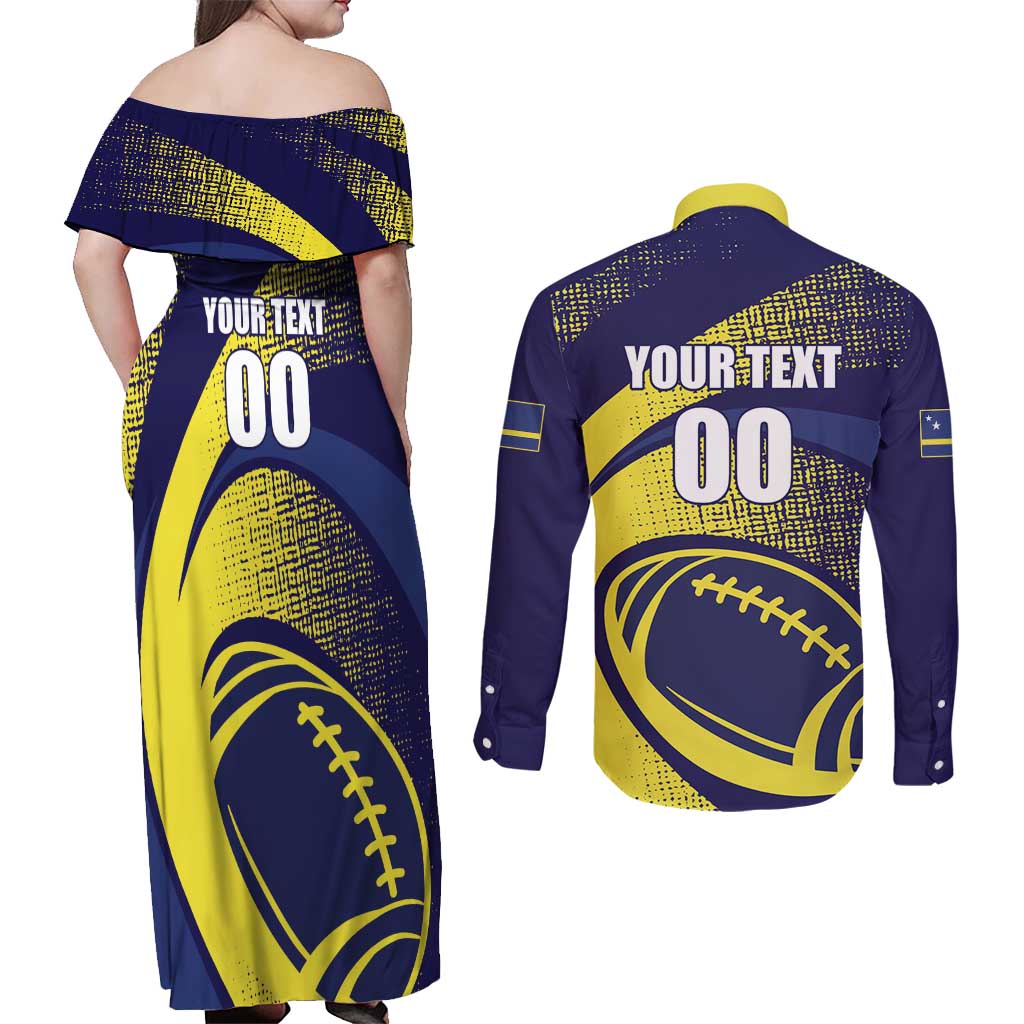Custom Rugby Curacao Couples Matching Off Shoulder Maxi Dress and Long Sleeve Button Shirt Korsou Go Champion - Wonder Print Shop