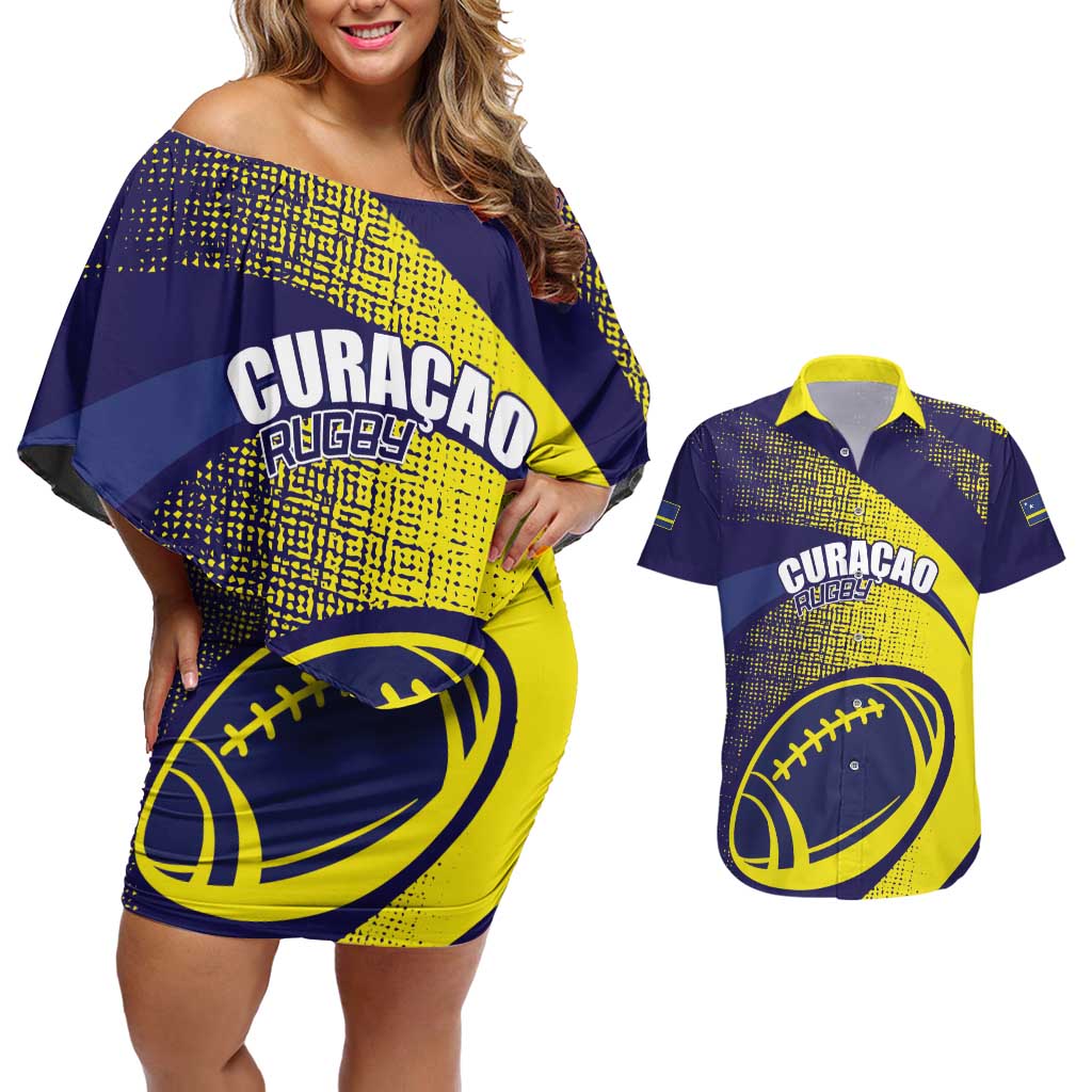 Custom Rugby Curacao Couples Matching Off Shoulder Short Dress and Hawaiian Shirt Korsou Go Champion - Wonder Print Shop