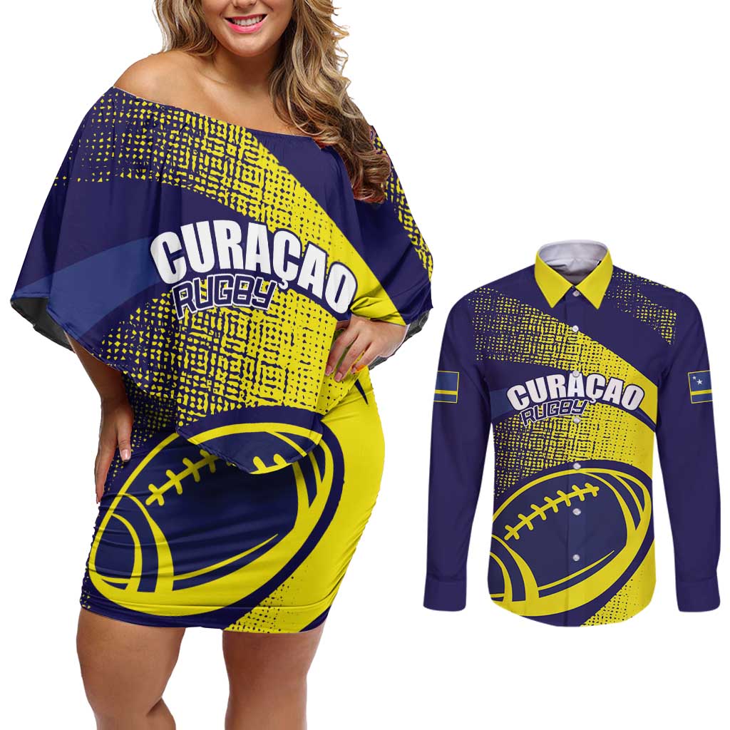 Custom Rugby Curacao Couples Matching Off Shoulder Short Dress and Long Sleeve Button Shirt Korsou Go Champion - Wonder Print Shop