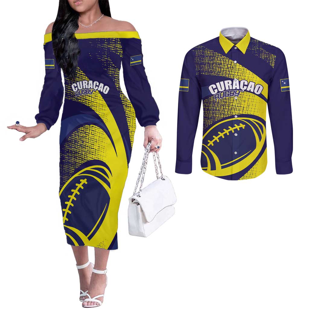 Custom Rugby Curacao Couples Matching Off The Shoulder Long Sleeve Dress and Long Sleeve Button Shirt Korsou Go Champion - Wonder Print Shop