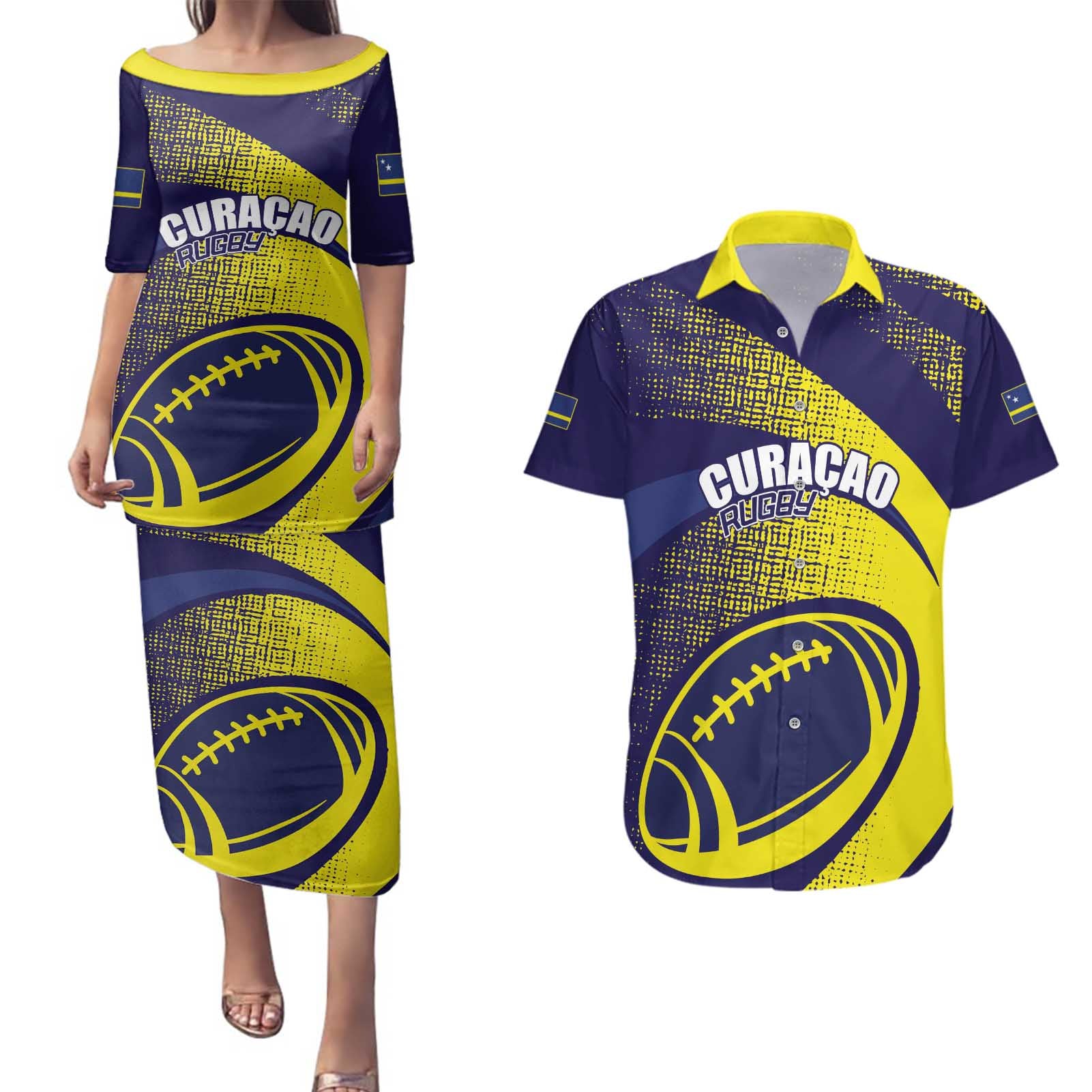 Custom Rugby Curacao Couples Matching Puletasi and Hawaiian Shirt Korsou Go Champion - Wonder Print Shop
