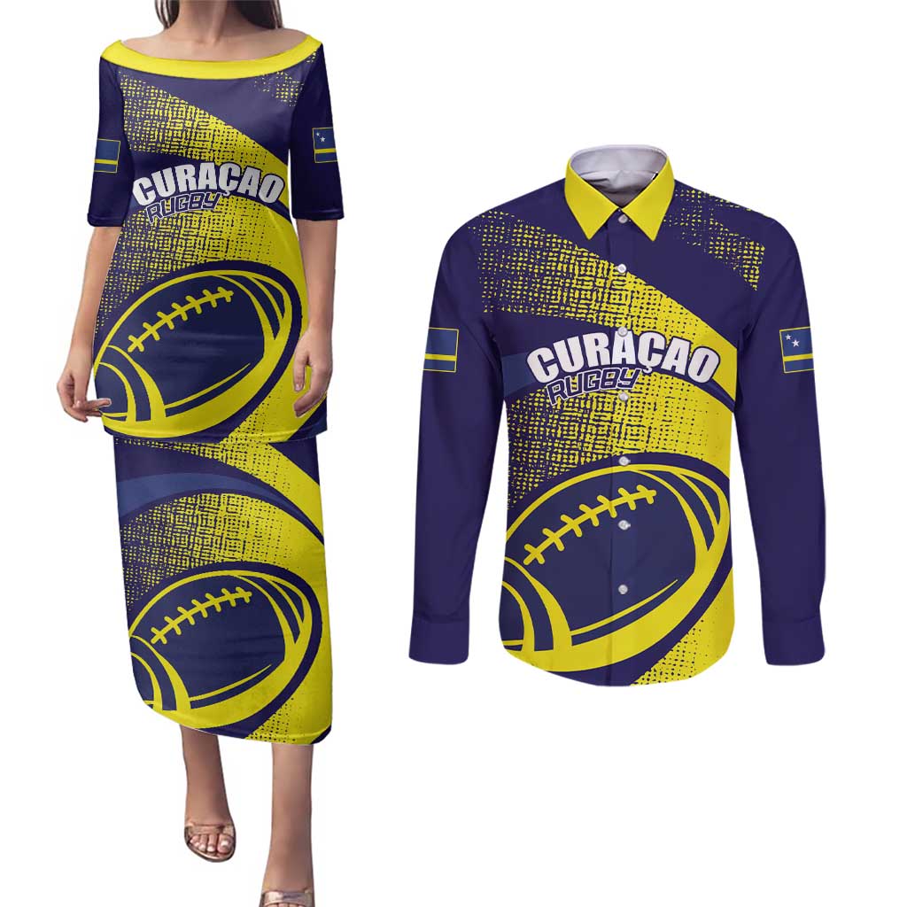 Custom Rugby Curacao Couples Matching Puletasi and Long Sleeve Button Shirt Korsou Go Champion - Wonder Print Shop