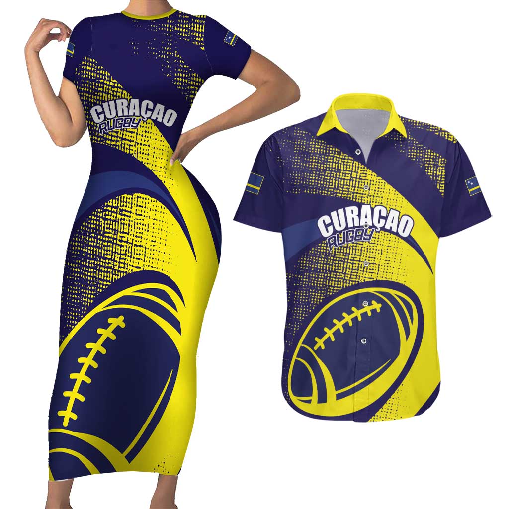 Custom Rugby Curacao Couples Matching Short Sleeve Bodycon Dress and Hawaiian Shirt Korsou Go Champion - Wonder Print Shop