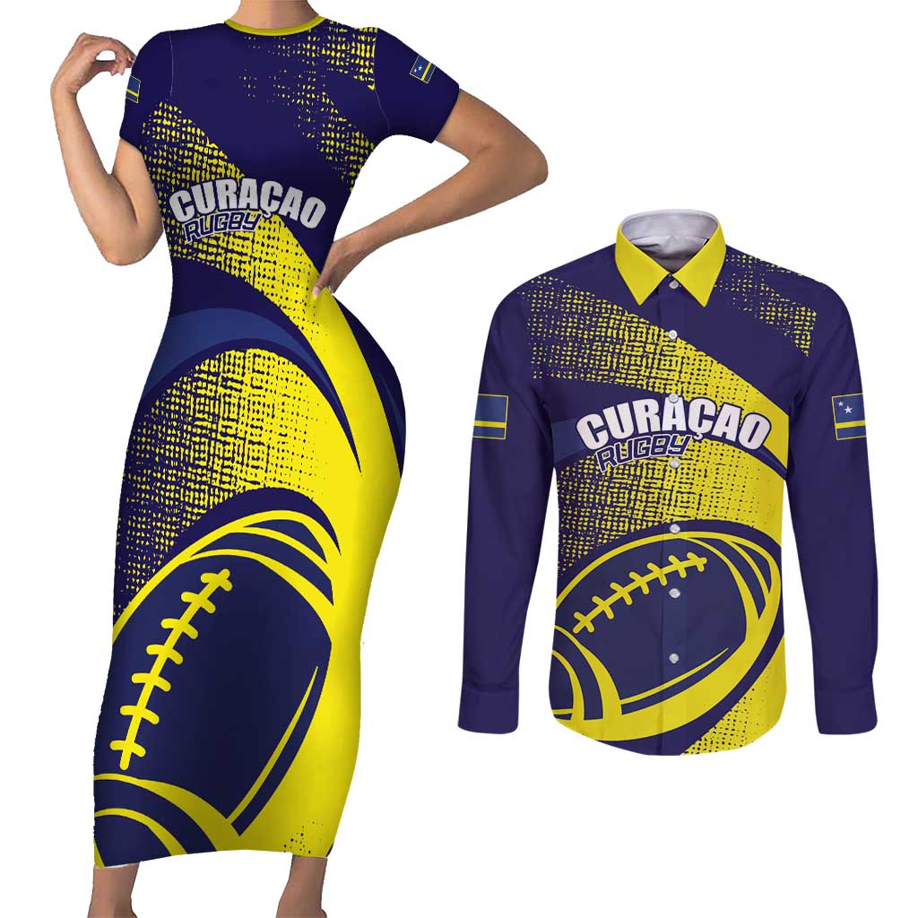 Custom Rugby Curacao Couples Matching Short Sleeve Bodycon Dress and Long Sleeve Button Shirt Korsou Go Champion - Wonder Print Shop