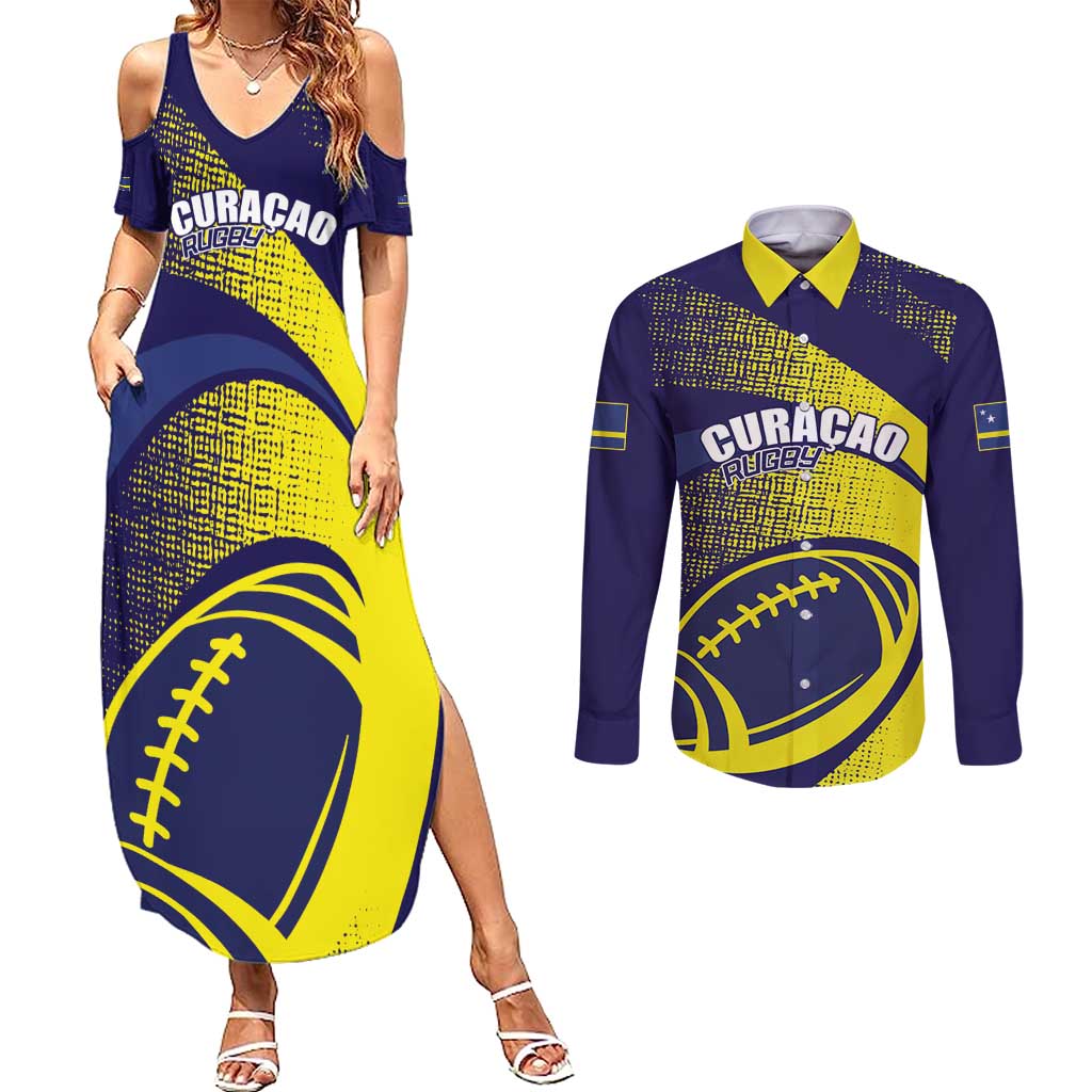 Custom Rugby Curacao Couples Matching Summer Maxi Dress and Long Sleeve Button Shirt Korsou Go Champion - Wonder Print Shop