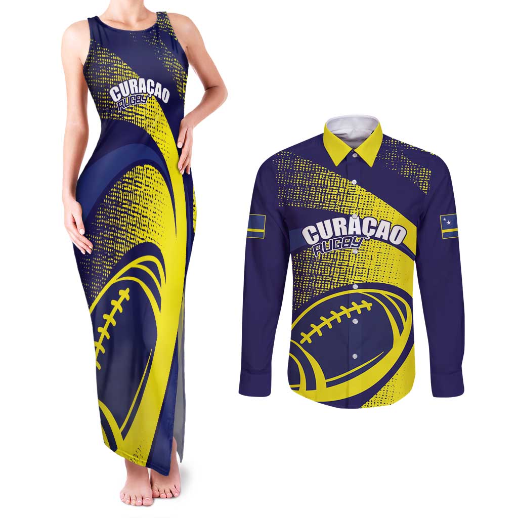 Custom Rugby Curacao Couples Matching Tank Maxi Dress and Long Sleeve Button Shirt Korsou Go Champion - Wonder Print Shop