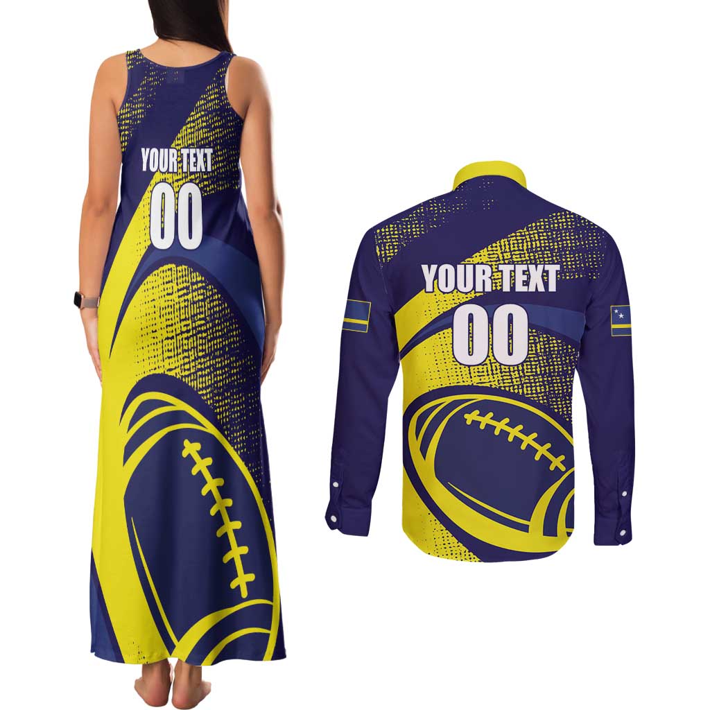Custom Rugby Curacao Couples Matching Tank Maxi Dress and Long Sleeve Button Shirt Korsou Go Champion - Wonder Print Shop