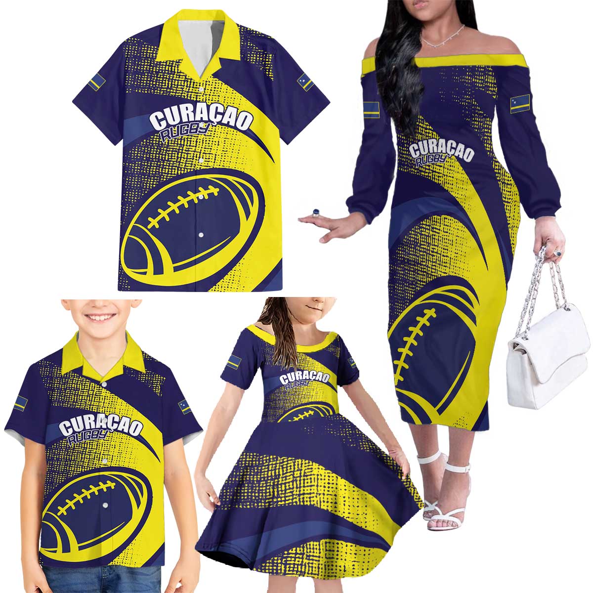 Custom Rugby Curacao Family Matching Off The Shoulder Long Sleeve Dress and Hawaiian Shirt Korsou Go Champion - Wonder Print Shop