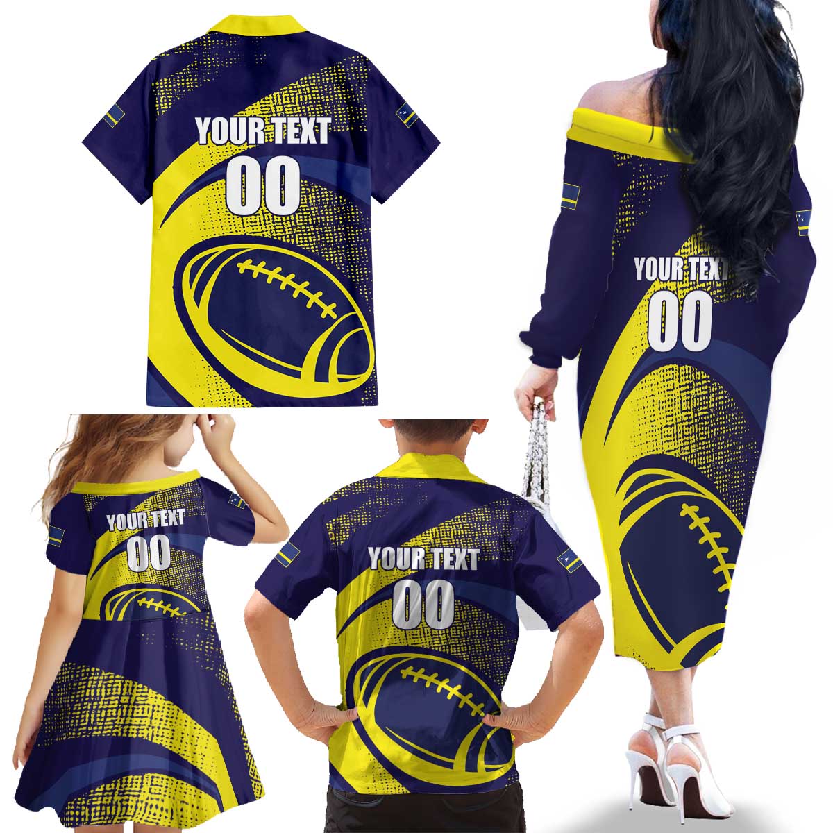 Custom Rugby Curacao Family Matching Off The Shoulder Long Sleeve Dress and Hawaiian Shirt Korsou Go Champion - Wonder Print Shop