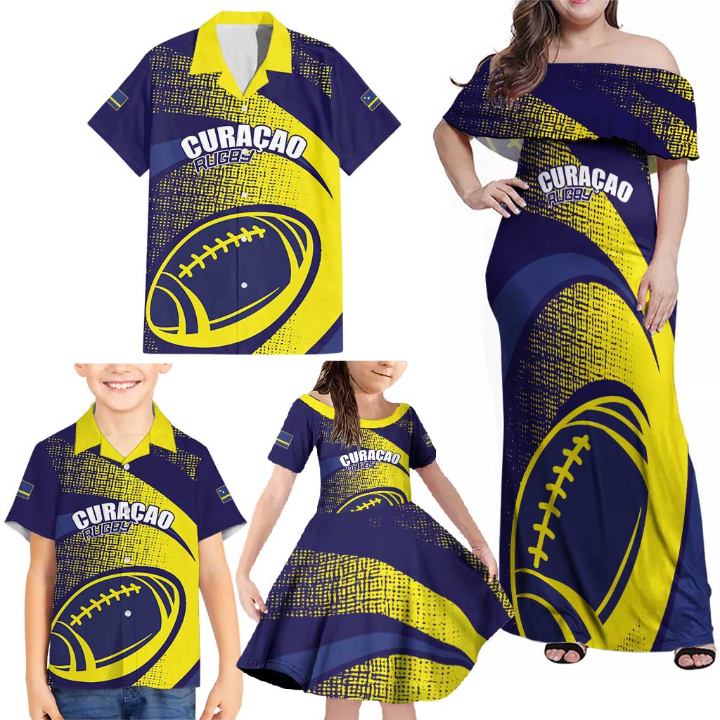 Custom Rugby Curacao Family Matching Off Shoulder Maxi Dress and Hawaiian Shirt Korsou Go Champion - Wonder Print Shop