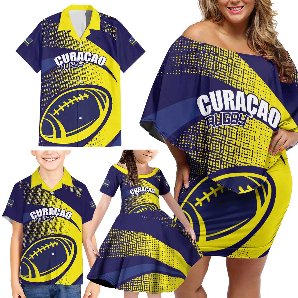 Custom Rugby Curacao Family Matching Off Shoulder Short Dress and Hawaiian Shirt Korsou Go Champion - Wonder Print Shop