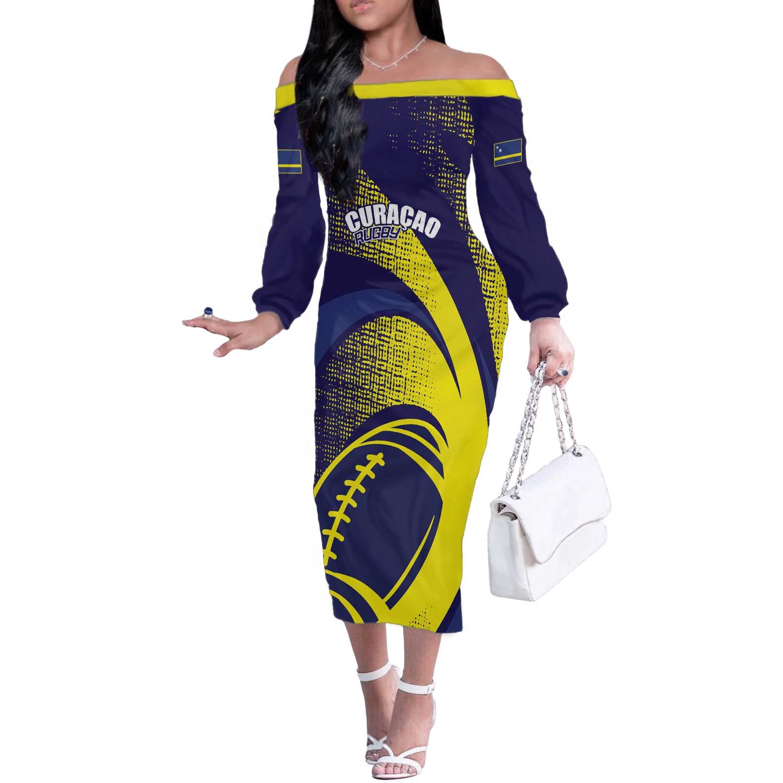 Custom Rugby Curacao Off The Shoulder Long Sleeve Dress Korsou Go Champion - Wonder Print Shop