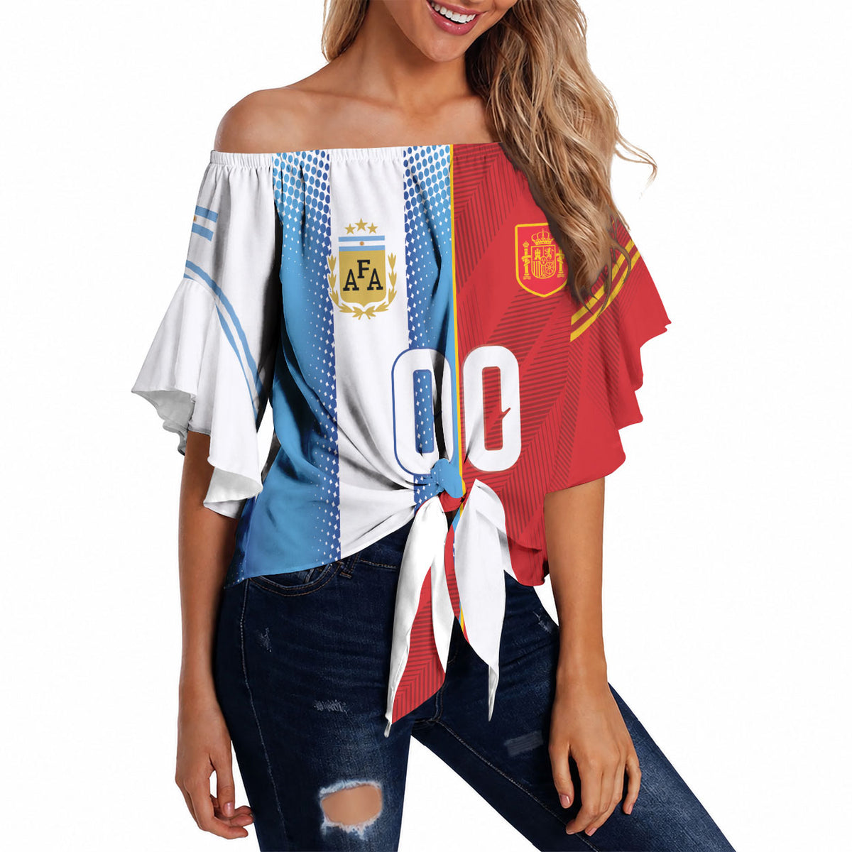 Custom Espana Argentina 2026 Off Shoulder Wrap Waist Top Copa Mundial Final