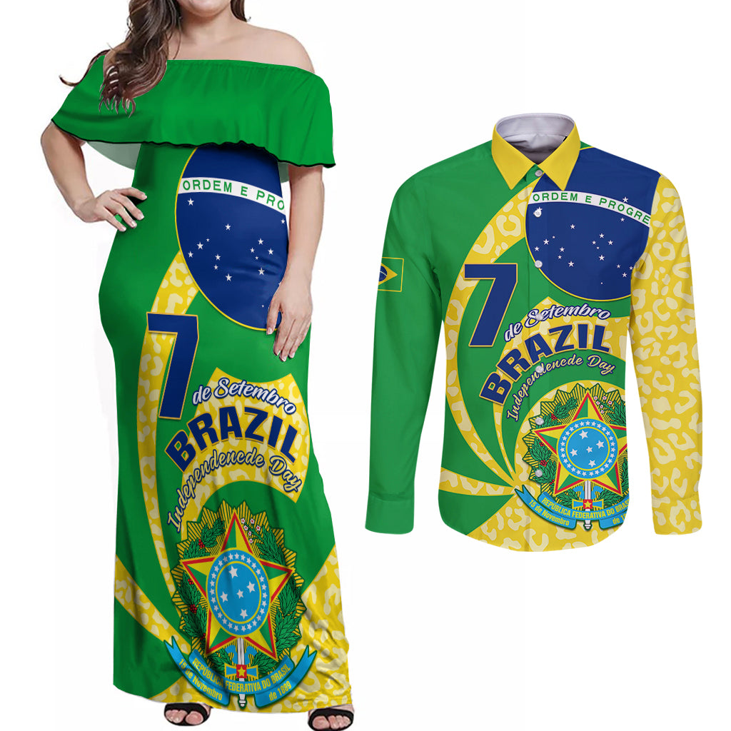 Brazil Independence Day Couples Matching Off Shoulder Maxi Dress and Long Sleeve Button Shirts Sete de Setembro Flag Style - Wonder Print Shop