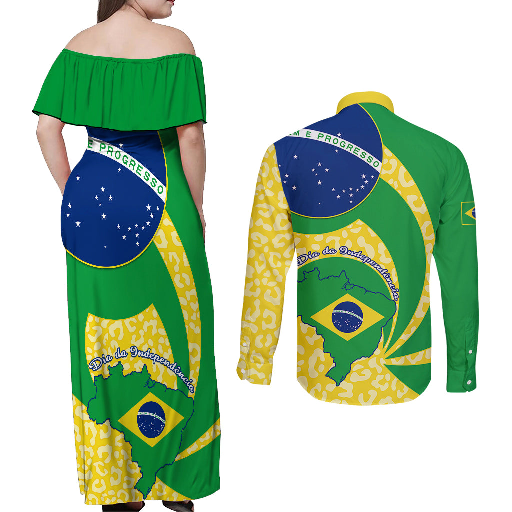 Brazil Independence Day Couples Matching Off Shoulder Maxi Dress and Long Sleeve Button Shirts Sete de Setembro Flag Style - Wonder Print Shop