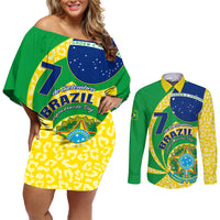 Brazil Independence Day Couples Matching Off Shoulder Short Dress and Long Sleeve Button Shirts Sete de Setembro Flag Style - Wonder Print Shop