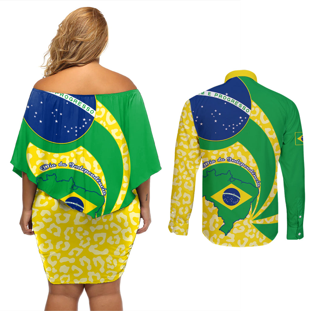 Brazil Independence Day Couples Matching Off Shoulder Short Dress and Long Sleeve Button Shirts Sete de Setembro Flag Style - Wonder Print Shop