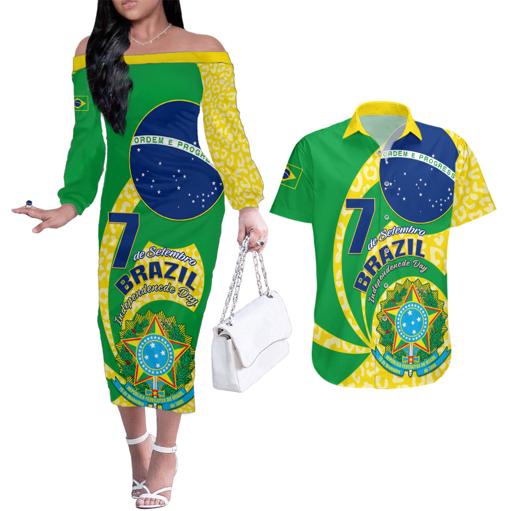 Brazil Independence Day Couples Matching Off The Shoulder Long Sleeve Dress and Hawaiian Shirt Sete de Setembro Flag Style - Wonder Print Shop