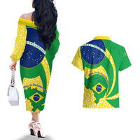Brazil Independence Day Couples Matching Off The Shoulder Long Sleeve Dress and Hawaiian Shirt Sete de Setembro Flag Style - Wonder Print Shop