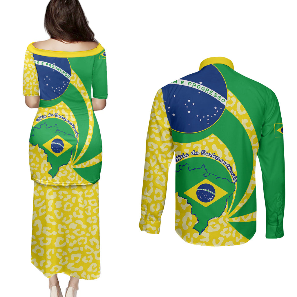 Brazil Independence Day Couples Matching Puletasi Dress and Long Sleeve Button Shirts Sete de Setembro Flag Style - Wonder Print Shop