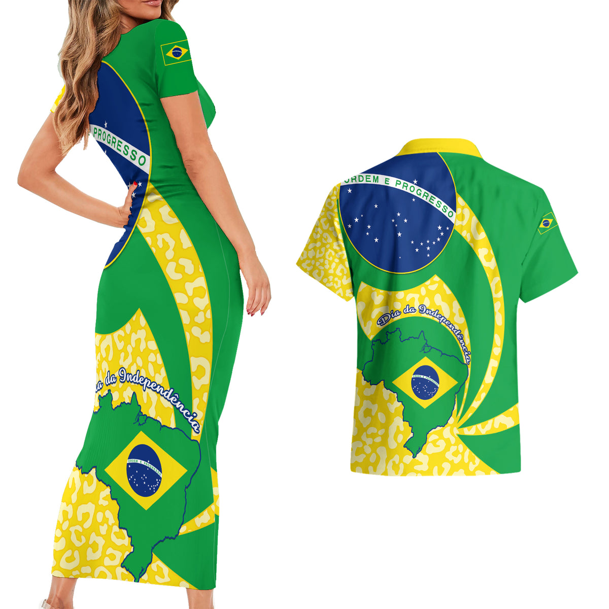 Brazil Independence Day Couples Matching Short Sleeve Bodycon Dress and Hawaiian Shirt Sete de Setembro Flag Style - Wonder Print Shop