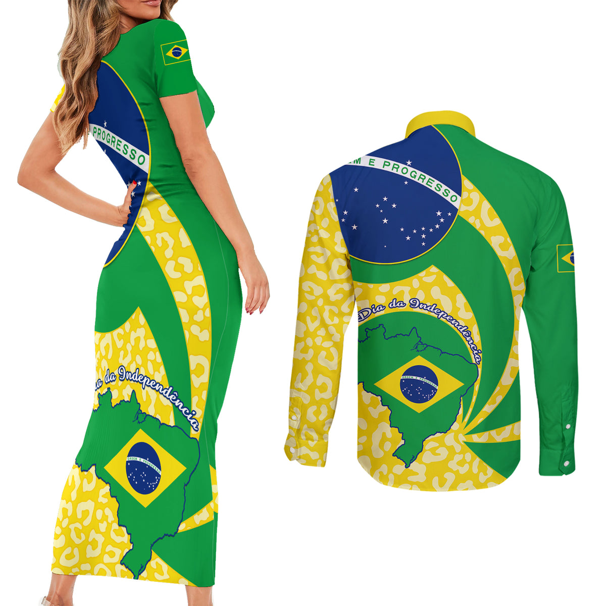 Brazil Independence Day Couples Matching Short Sleeve Bodycon Dress and Long Sleeve Button Shirts Sete de Setembro Flag Style - Wonder Print Shop