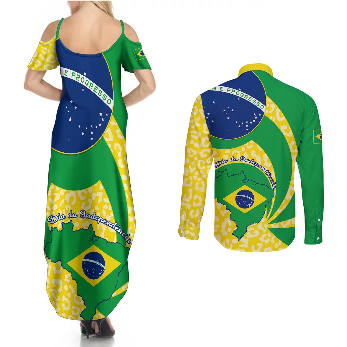 Brazil Independence Day Couples Matching Summer Maxi Dress and Long Sleeve Button Shirts Sete de Setembro Flag Style - Wonder Print Shop
