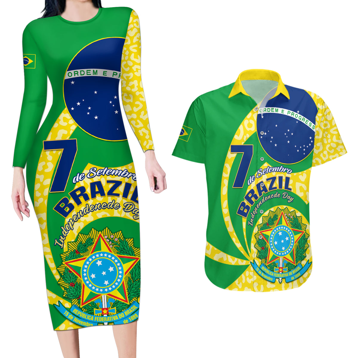 Personalised Brazil Independence Day Couples Matching Long Sleeve Bodycon Dress and Hawaiian Shirt Sete de Setembro Flag Style - Wonder Print Shop