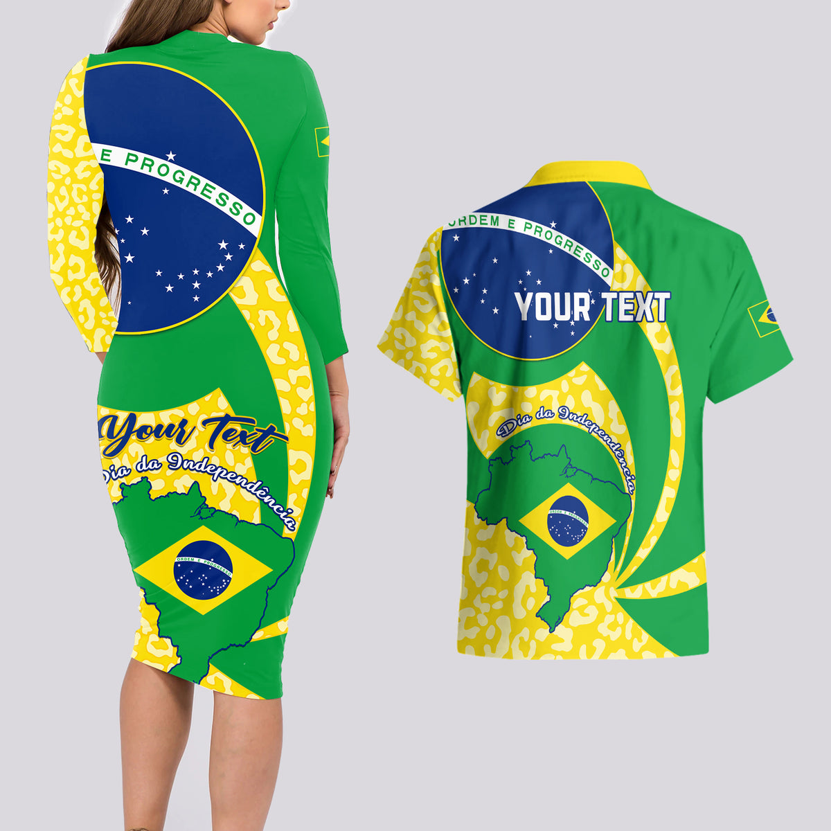 Personalised Brazil Independence Day Couples Matching Long Sleeve Bodycon Dress and Hawaiian Shirt Sete de Setembro Flag Style - Wonder Print Shop
