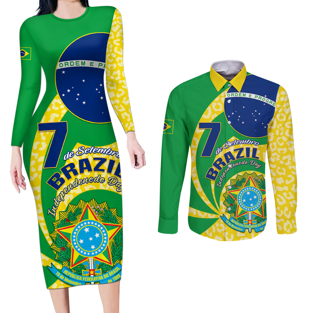 Personalised Brazil Independence Day Couples Matching Long Sleeve Bodycon Dress and Long Sleeve Button Shirts Sete de Setembro Flag Style - Wonder Print Shop