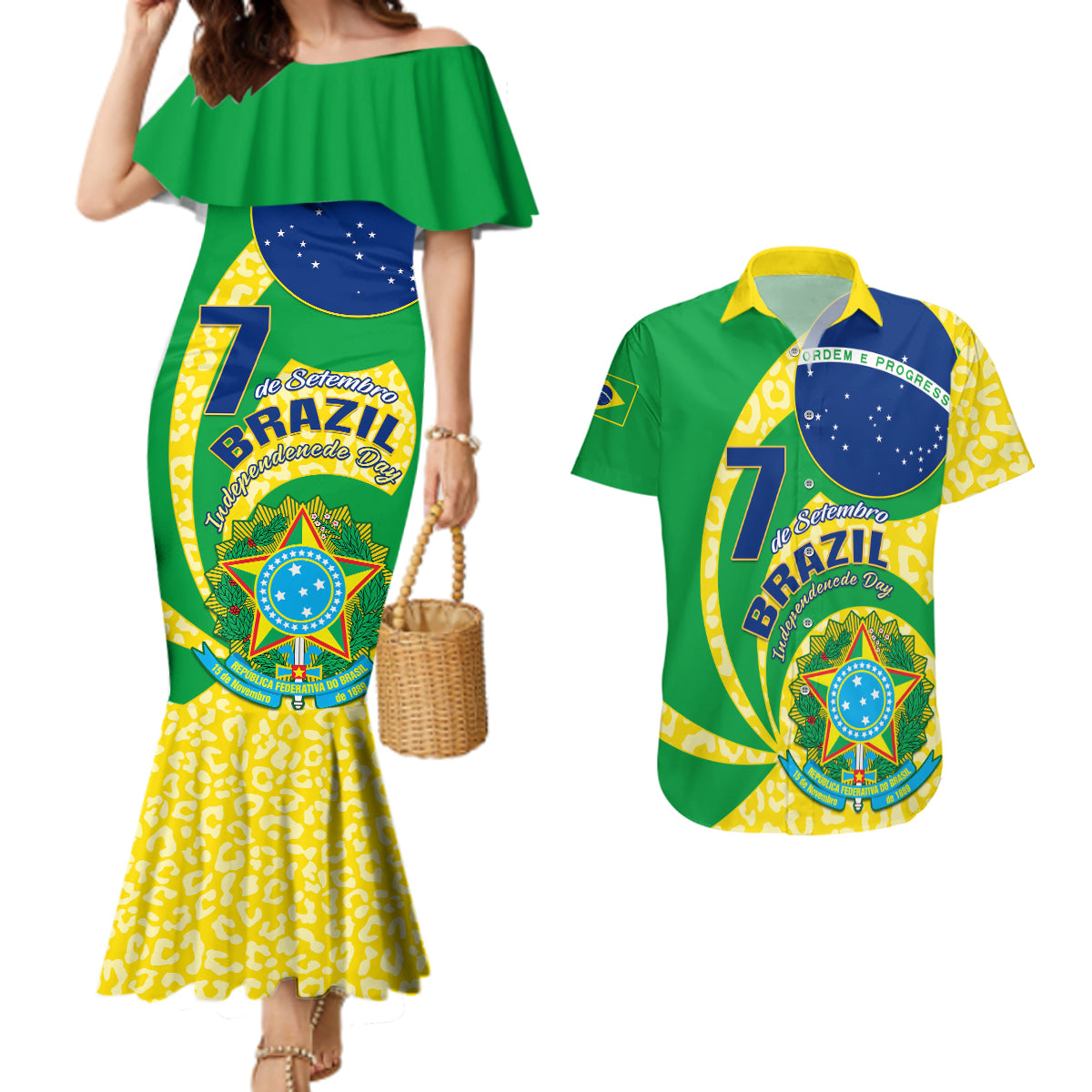 Personalised Brazil Independence Day Couples Matching Mermaid Dress and Hawaiian Shirt Sete de Setembro Flag Style - Wonder Print Shop