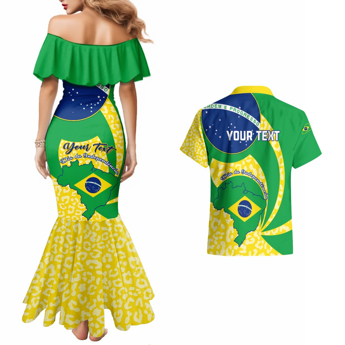 Personalised Brazil Independence Day Couples Matching Mermaid Dress and Hawaiian Shirt Sete de Setembro Flag Style - Wonder Print Shop