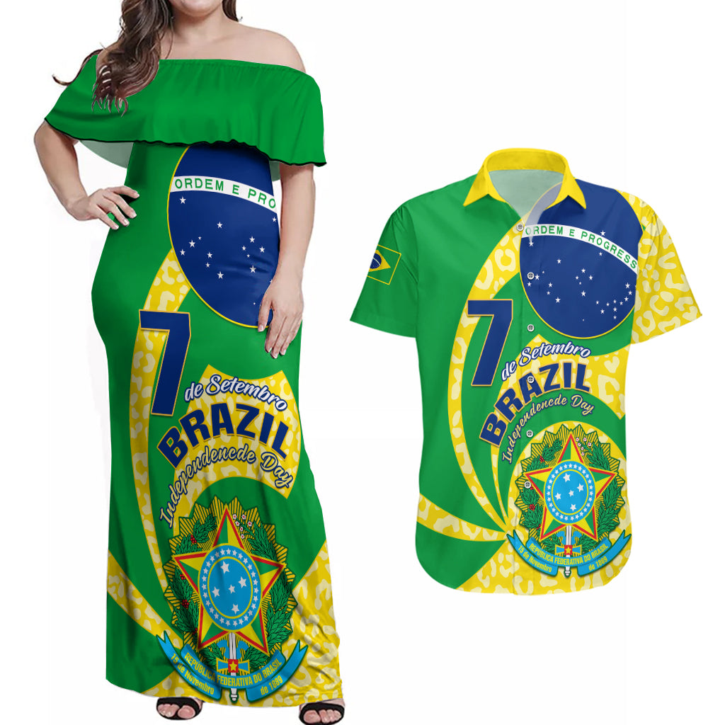 Personalised Brazil Independence Day Couples Matching Off Shoulder Maxi Dress and Hawaiian Shirt Sete de Setembro Flag Style - Wonder Print Shop