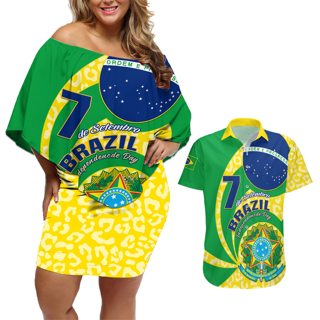 Personalised Brazil Independence Day Couples Matching Off Shoulder Short Dress and Hawaiian Shirt Sete de Setembro Flag Style - Wonder Print Shop