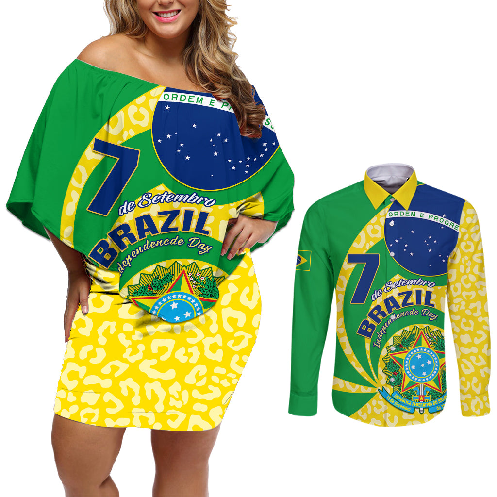 Personalised Brazil Independence Day Couples Matching Off Shoulder Short Dress and Long Sleeve Button Shirts Sete de Setembro Flag Style - Wonder Print Shop