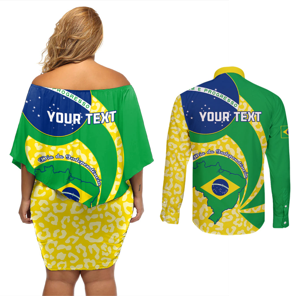 Personalised Brazil Independence Day Couples Matching Off Shoulder Short Dress and Long Sleeve Button Shirts Sete de Setembro Flag Style - Wonder Print Shop