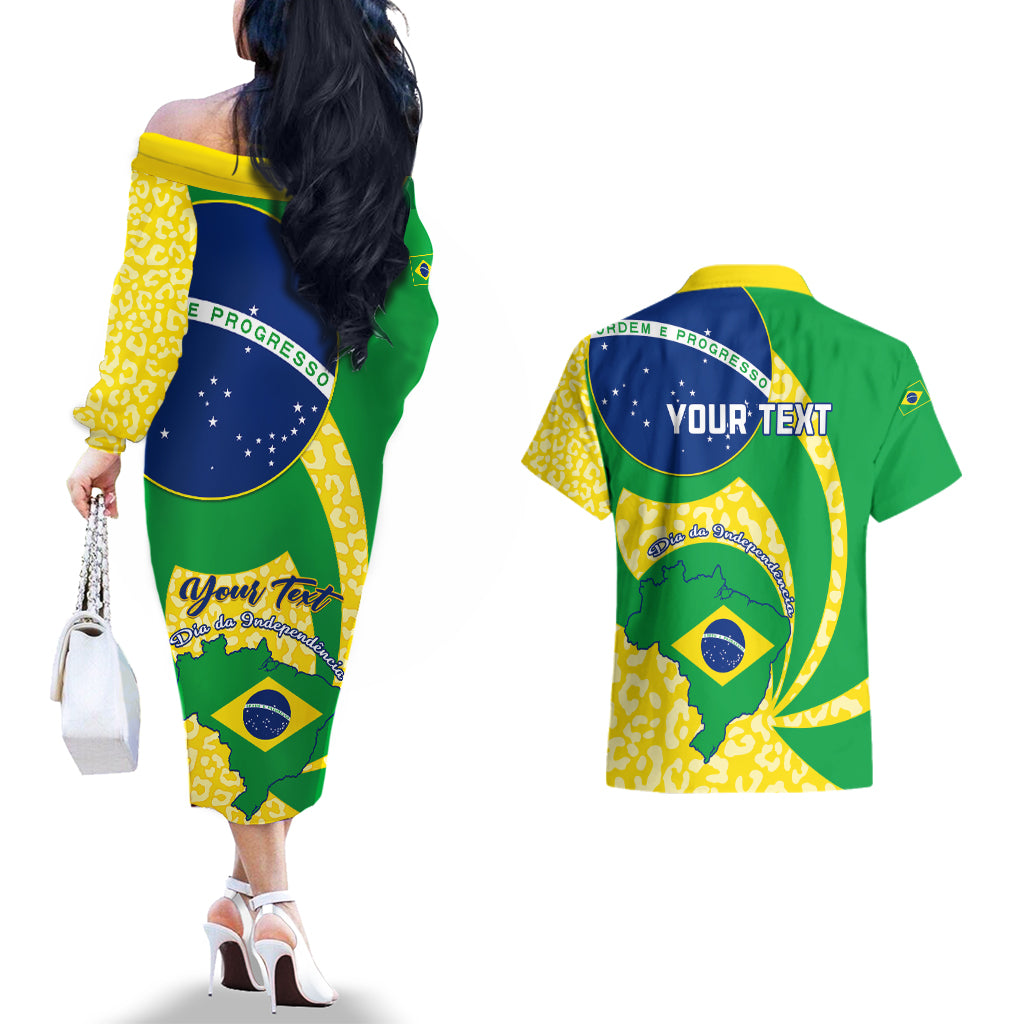 Personalised Brazil Independence Day Couples Matching Off The Shoulder Long Sleeve Dress and Hawaiian Shirt Sete de Setembro Flag Style - Wonder Print Shop