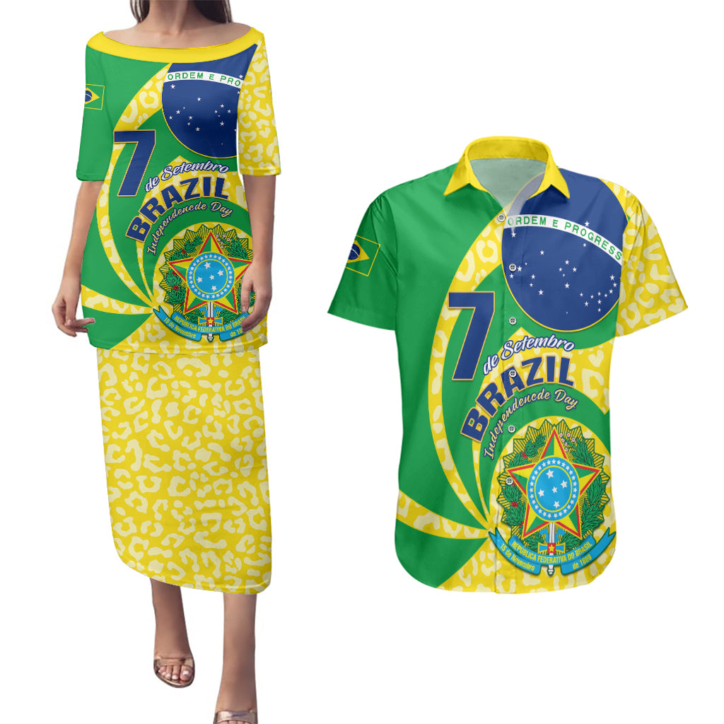 Personalised Brazil Independence Day Couples Matching Puletasi Dress and Hawaiian Shirt Sete de Setembro Flag Style - Wonder Print Shop