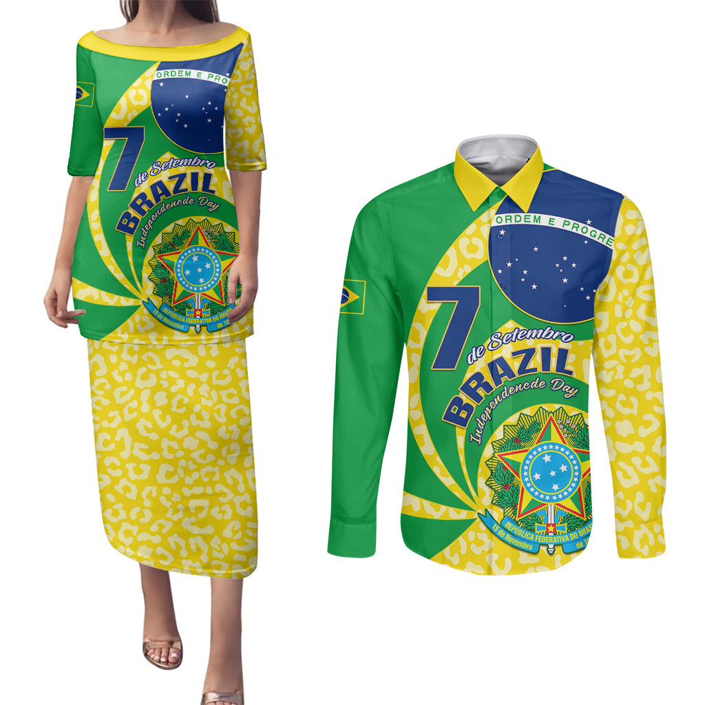 Personalised Brazil Independence Day Couples Matching Puletasi Dress and Long Sleeve Button Shirts Sete de Setembro Flag Style - Wonder Print Shop