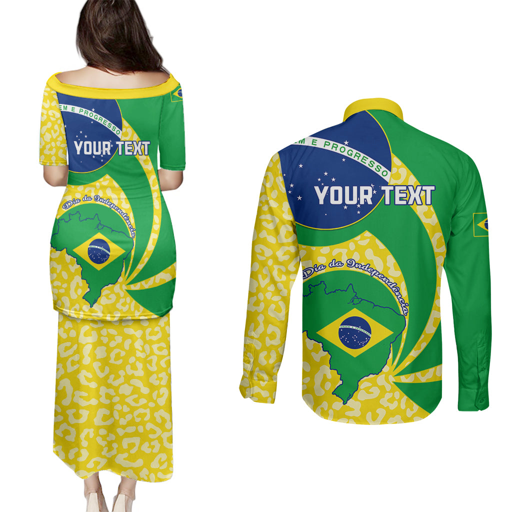 Personalised Brazil Independence Day Couples Matching Puletasi Dress and Long Sleeve Button Shirts Sete de Setembro Flag Style - Wonder Print Shop