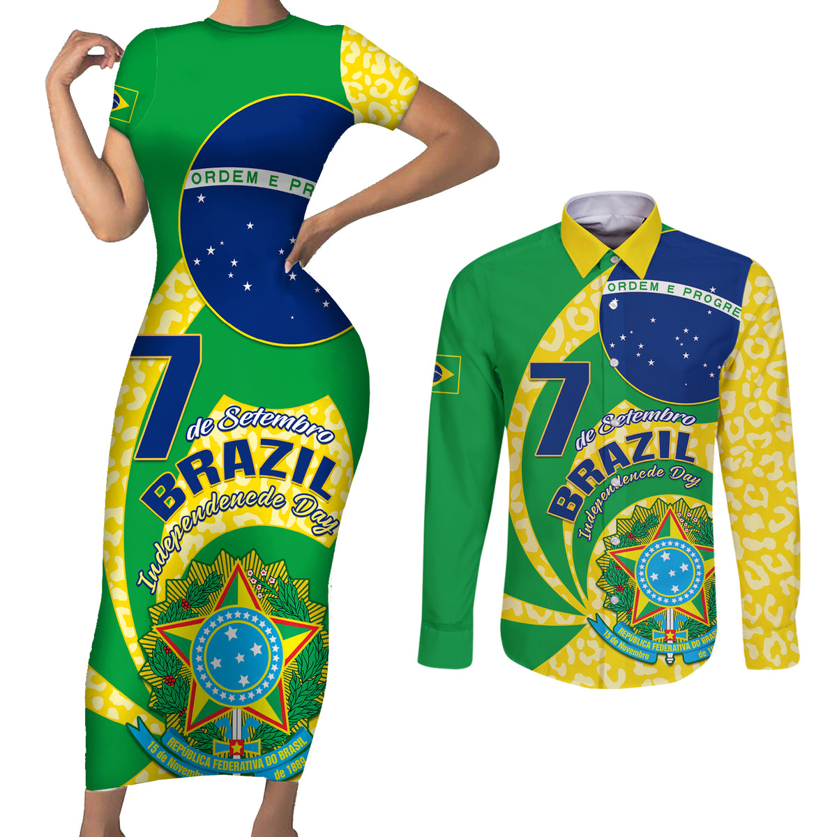 Personalised Brazil Independence Day Couples Matching Short Sleeve Bodycon Dress and Long Sleeve Button Shirts Sete de Setembro Flag Style - Wonder Print Shop