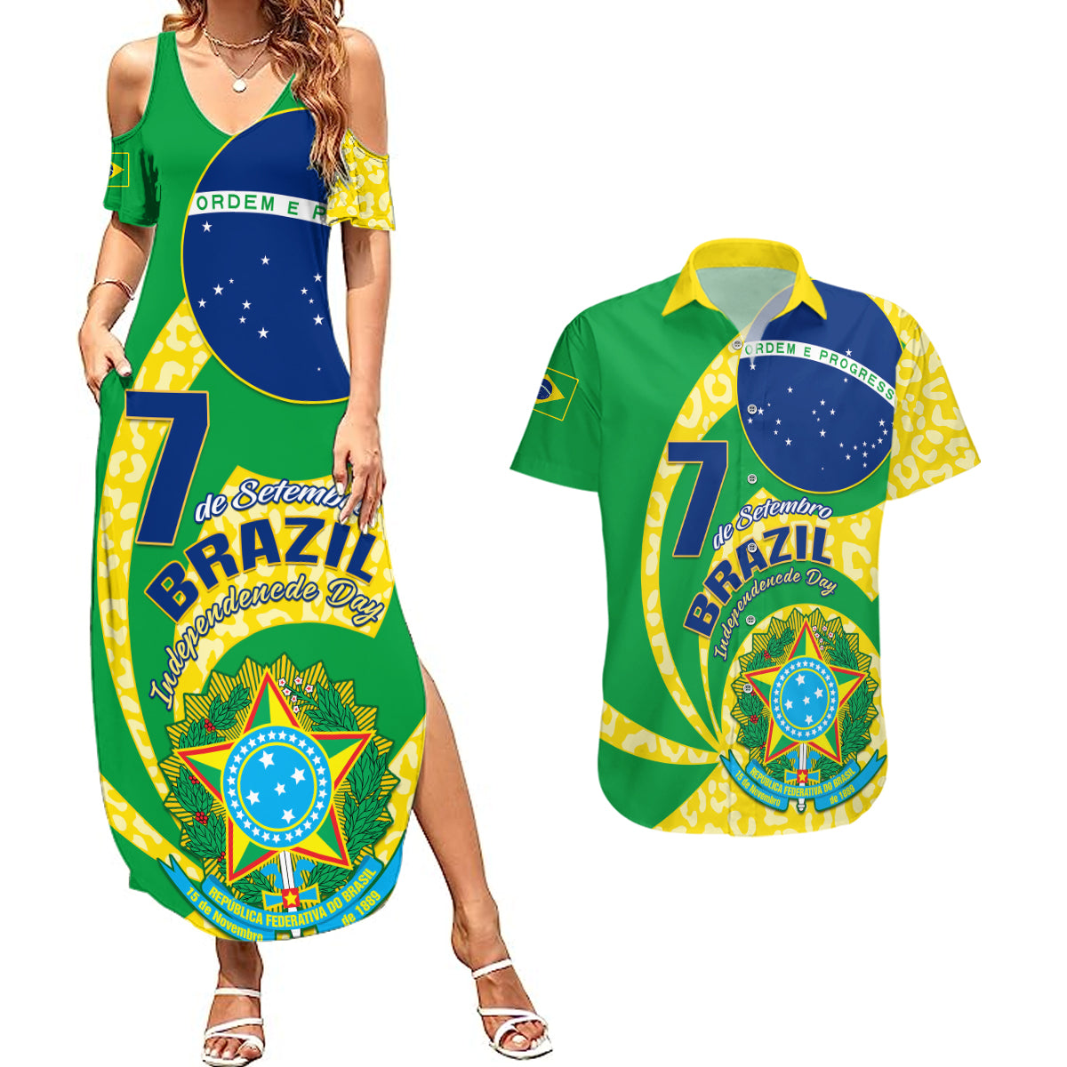 Personalised Brazil Independence Day Couples Matching Summer Maxi Dress and Hawaiian Shirt Sete de Setembro Flag Style - Wonder Print Shop
