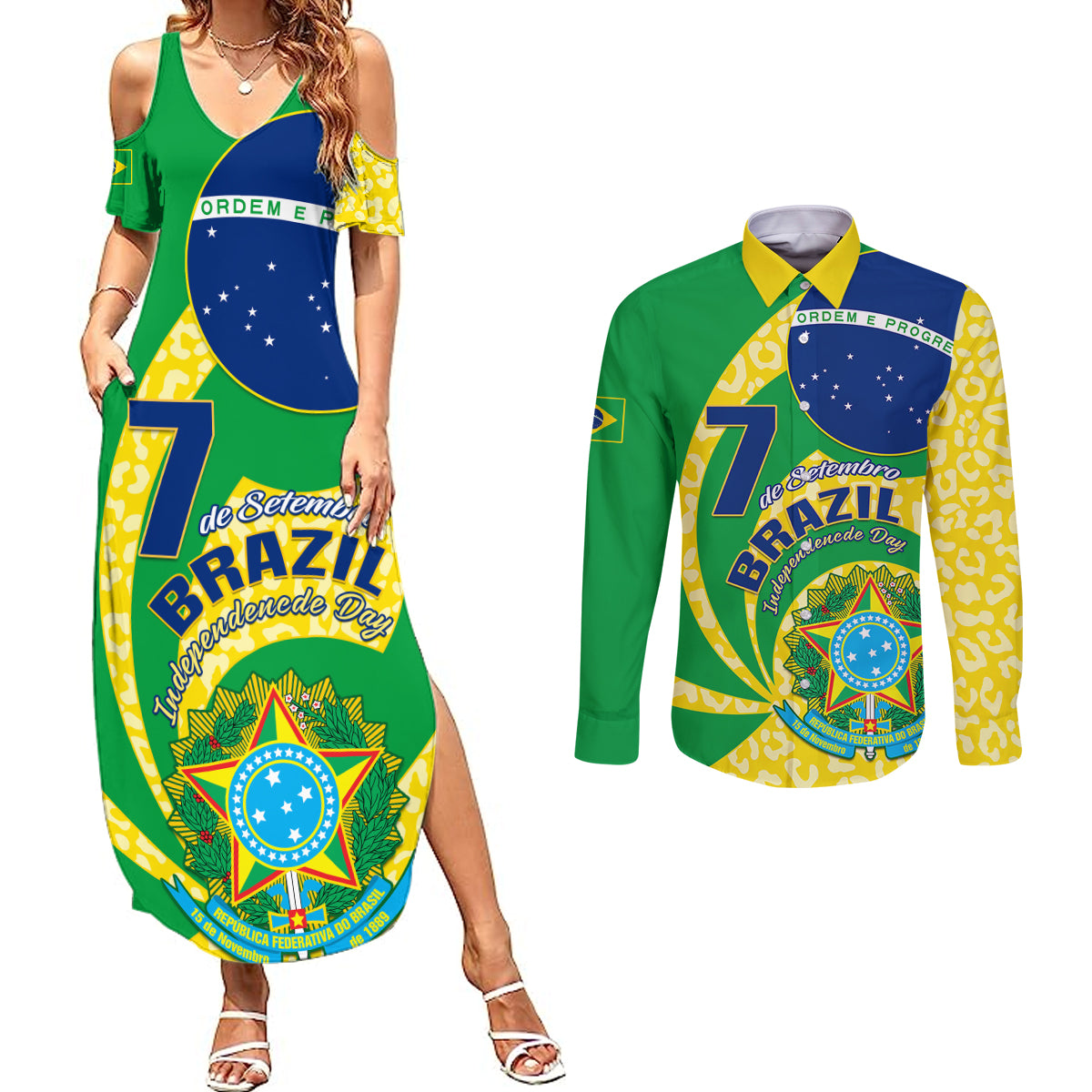 Personalised Brazil Independence Day Couples Matching Summer Maxi Dress and Long Sleeve Button Shirts Sete de Setembro Flag Style - Wonder Print Shop