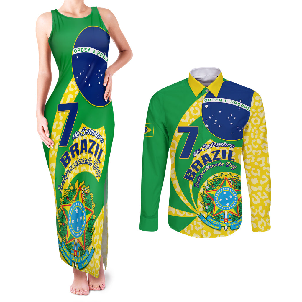 Personalised Brazil Independence Day Couples Matching Tank Maxi Dress and Long Sleeve Button Shirts Sete de Setembro Flag Style - Wonder Print Shop