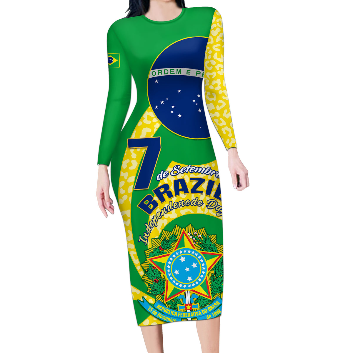 Personalised Brazil Independence Day Long Sleeve Bodycon Dress Sete de Setembro Flag Style - Wonder Print Shop